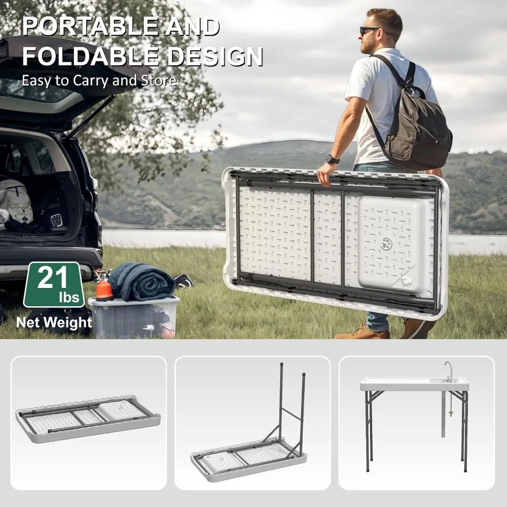 42.5" Fish Cleaning Table with Sink, Folding Camping Table & Fish Cleaning Station with Measure Mark, Camping Sink with Hose Hoo