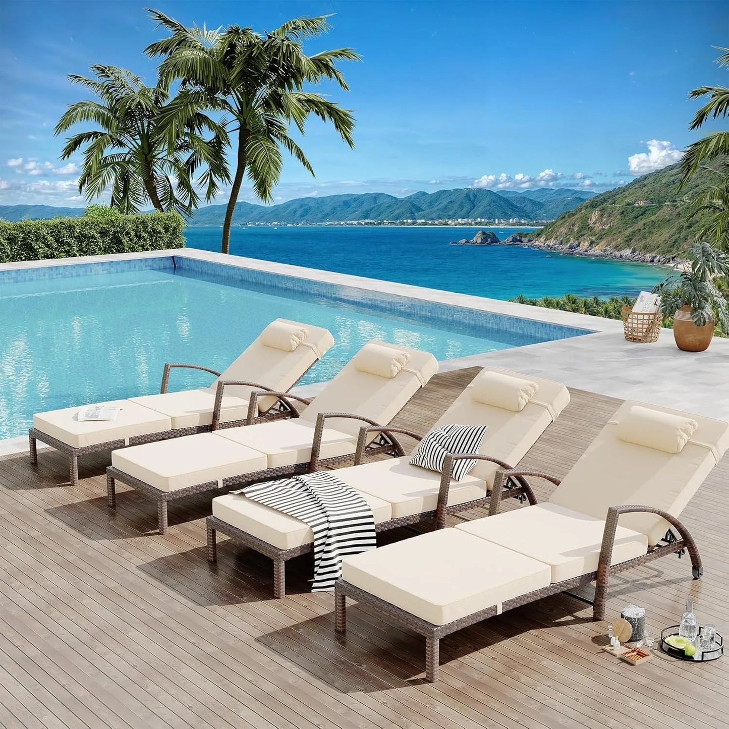 Outdoor Chaise Lounge Chairs Set of 2, 5-Level Adjustable Backrest Patio Chaise Lounge Chairs, Armrest, Cushion, Customized