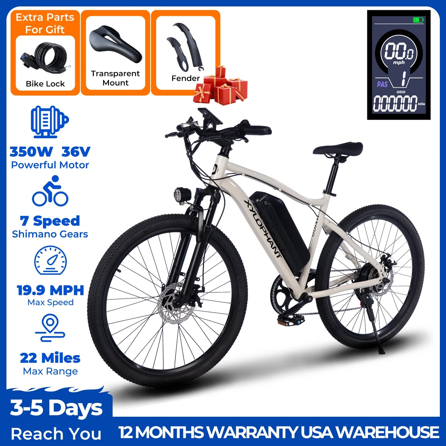 【1 Year Warranty】Terrosor Electric Bike,26" Fat Tire Ebike for Adults,350W Peak,Electric Mountain Bike,19.9mph,E bike UL2849