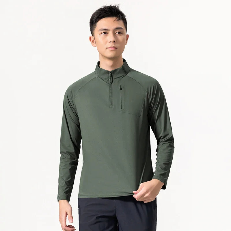 Quick-drying Gym Polo Shirts Men Summer Stand Collar Stretch Long Sleeves Outdoor Lightweight Zipper Pockets Sports Shirts