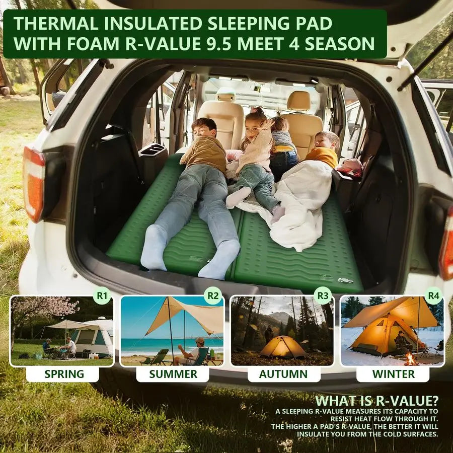 Memory Sleeping Pad, Compact Thick Foam Sleeping Mats with Pillow, 9.5 RValue Insulated Camping Mattress Pad, Easy Inflate amp D