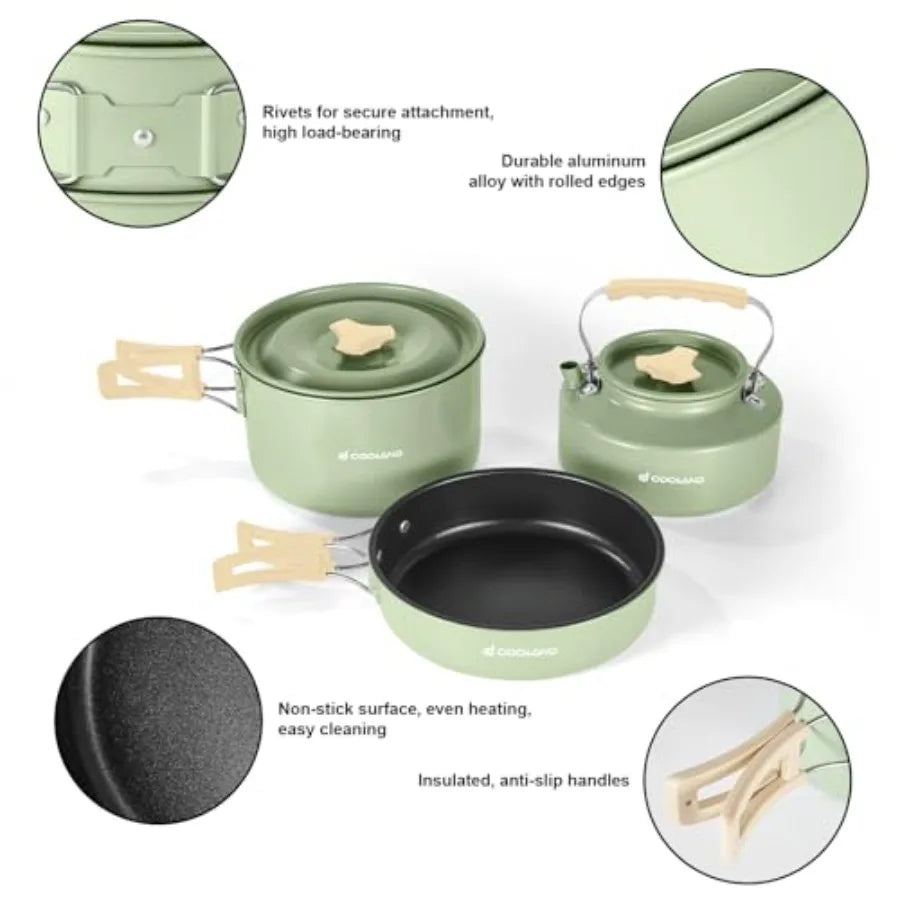 Odoland 15pcs Camping Cookware Mess Kit Non-Stick Lightweight Pot Pan Kettle Set with Stainless Steel Cups Plates Forks Knives
