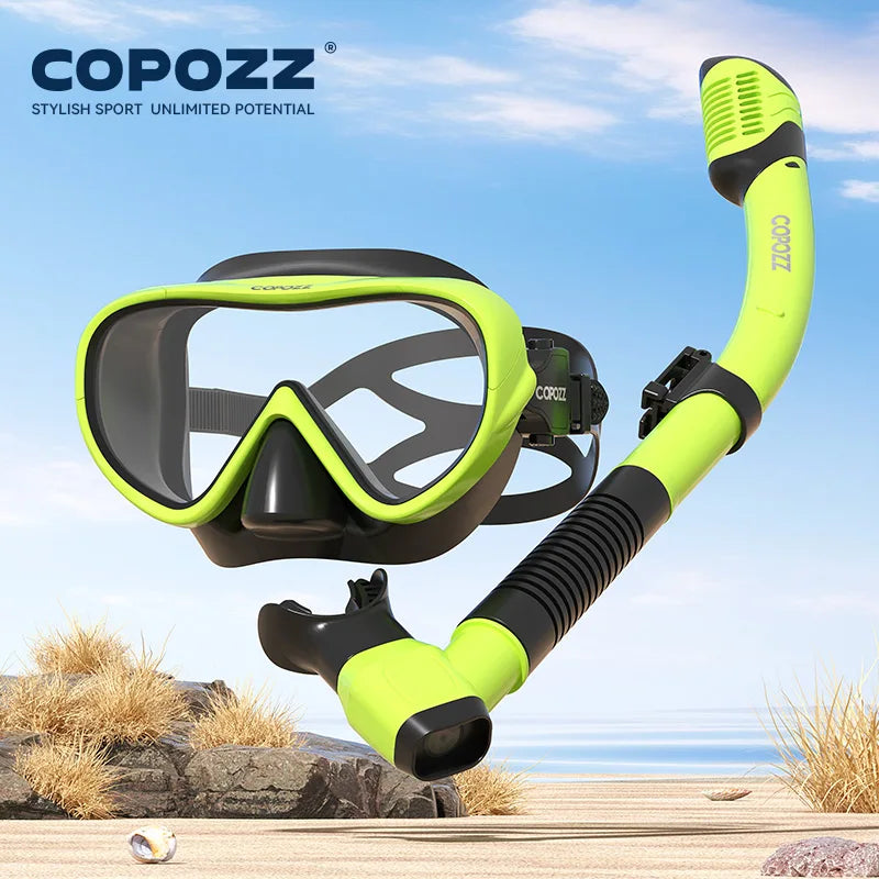 COPOZZ Professional Diving Mask Full Vision Mask Underwater Snorkel Mask Set Swimming Snorkel HD Anti Fog Diving Equipment