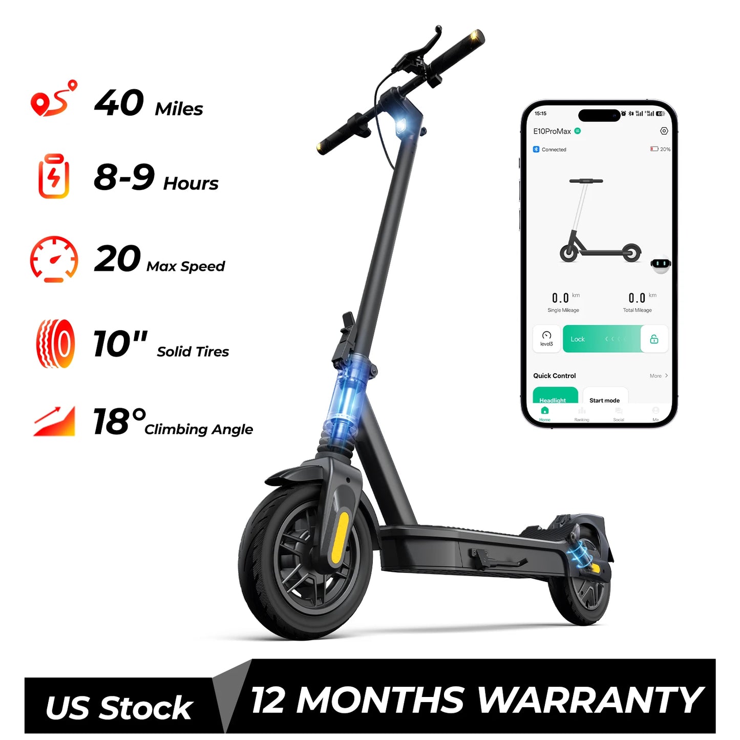 Electric Scooter Max Speed 20 Mph, 1000W, 10" Tubeless Tires, 40 Max Miles Range Folding E-Scooter APP Smart Support Family Use
