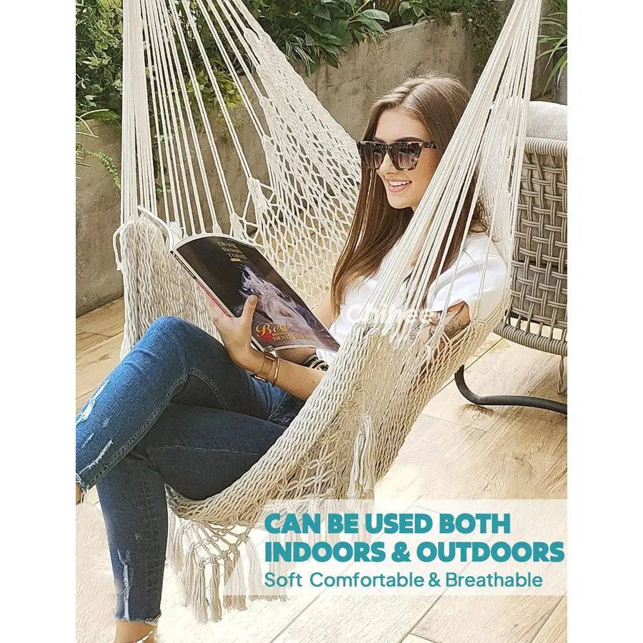 Hammock Chair Super Large SoftSpun Cotton Rope Weaving Hanging Chair, Collapsible Strong Metal Spreader Bar Wide Seat Lace Stret