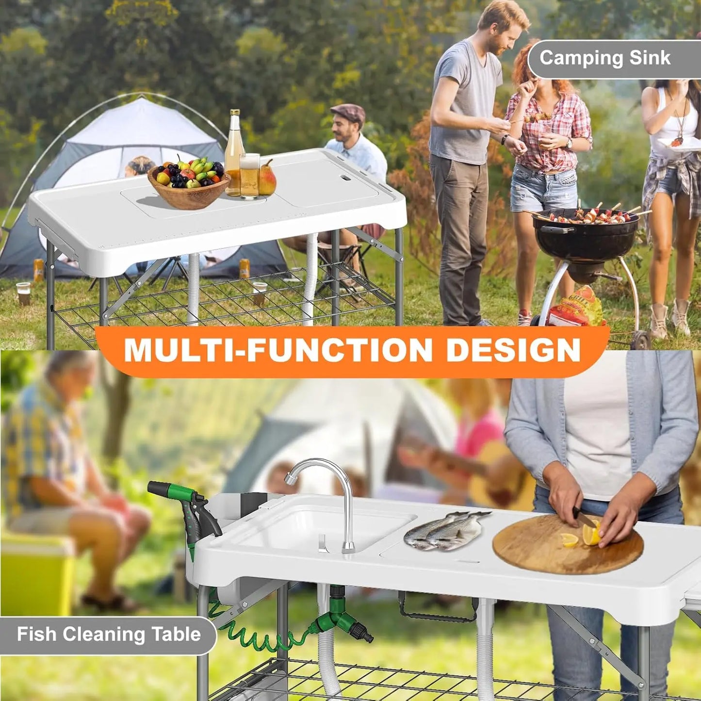 Portable Folding Fish Cleaning Table with Dual Sinks, Faucet, and Storage for Outdoor Camping and Picnics