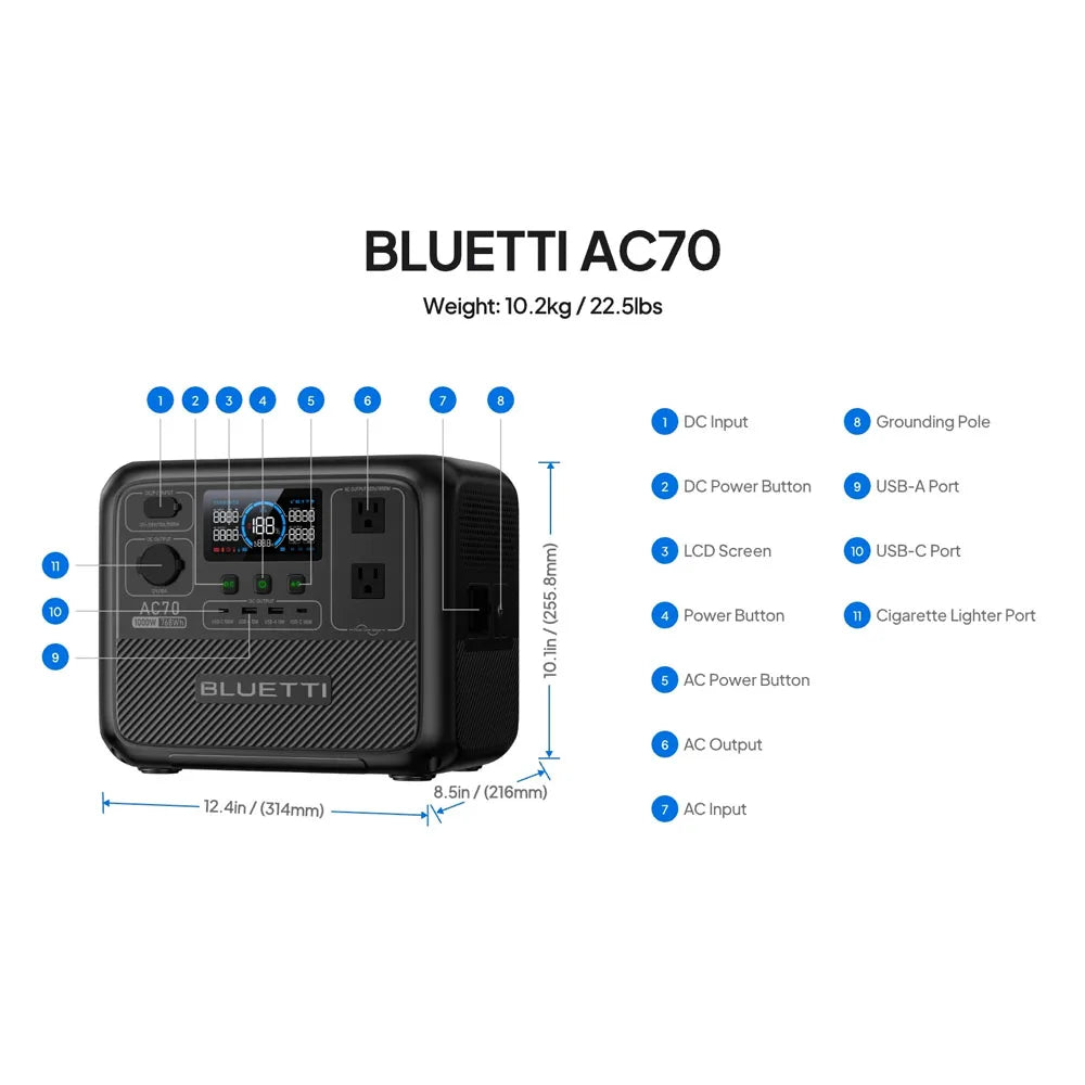 BLUETTI AC70 1000W 768Wh Portable Power Station Solar Generator for Off-Grid Living Outdoor Activities Power Bank