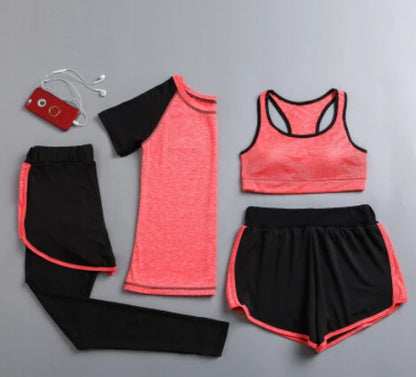 Quick dry women yoga clothing hooded coats+t shirt+bra+shorts+pants sets women autumn outdoor running sportswear gym Suits
