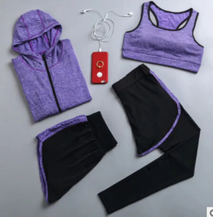 Quick dry women yoga clothing hooded coats+t shirt+bra+shorts+pants sets women autumn outdoor running sportswear gym Suits