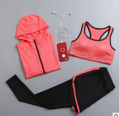 Quick dry women yoga clothing hooded coats+t shirt+bra+shorts+pants sets women autumn outdoor running sportswear gym Suits