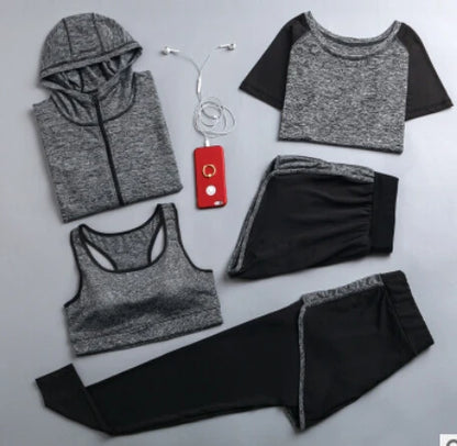 Quick dry women yoga clothing hooded coats+t shirt+bra+shorts+pants sets women autumn outdoor running sportswear gym Suits