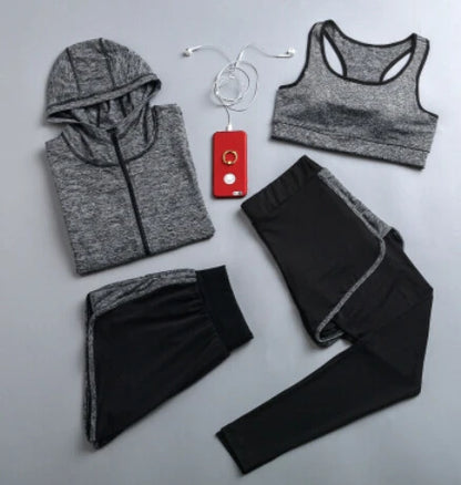 Quick dry women yoga clothing hooded coats+t shirt+bra+shorts+pants sets women autumn outdoor running sportswear gym Suits