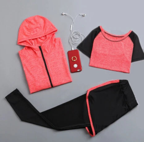 Quick dry women yoga clothing hooded coats+t shirt+bra+shorts+pants sets women autumn outdoor running sportswear gym Suits