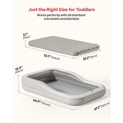 Inflatable Toddler Travel Bed with 3Sided Safety Bumpers, Extra Large Kids Air Mattress, Includes Detachable Mattress, Portable