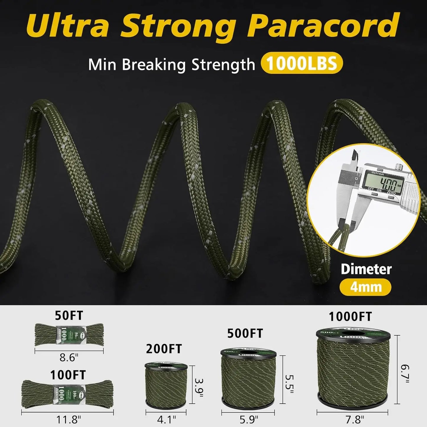 Paracord Reflective 1000lb, 100ft 4mm, 13 Strand Paracord Rope, Tactical Parachute Cord for Camping, Fishing, Clothesline, Hammo