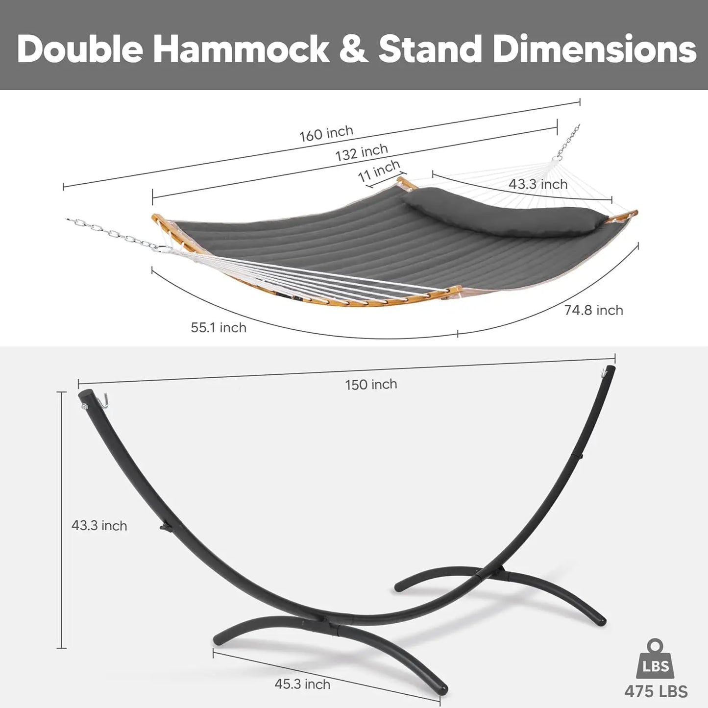 Portable Hammock with Stand, Foldable Patio Swing for 2-3 People, Heavy Duty Dark Gray