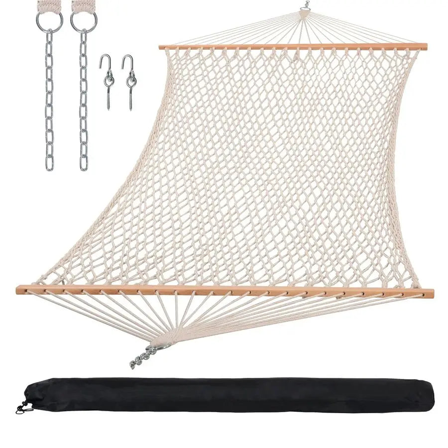 Hammocks Traditional Rope Double Hammock with Hardwood Spreader Bar and Carrying Bag, 450 lbs Capacity, Natural