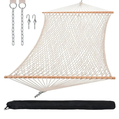 Hammocks Traditional Rope Double Hammock with Hardwood Spreader Bar and Carrying Bag, 450 lbs Capacity, Natural