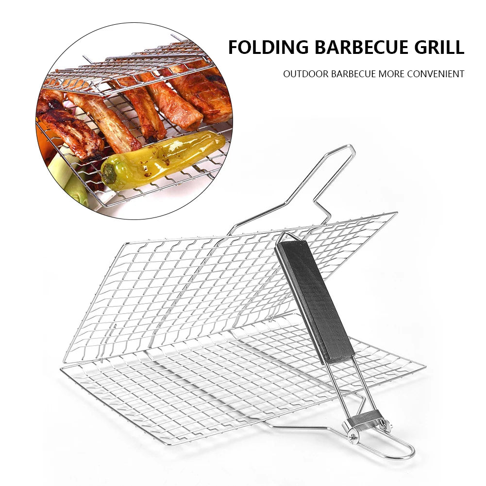 BBQ Grilling Basket Folding Fish Grill Basket Wooden Handle Vegetable Grill Basket Stainless Steel for Household Outdoor Camping