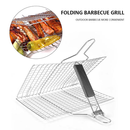 BBQ Grilling Basket Folding Fish Grill Basket Wooden Handle Vegetable Grill Basket Stainless Steel for Household Outdoor Camping
