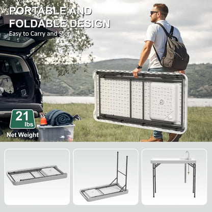 42.5" Fish Cleaning Table with Sink, Folding Camping Table & Fish Cleaning Station with Measure Mark, Camping Sink with Hose Hoo