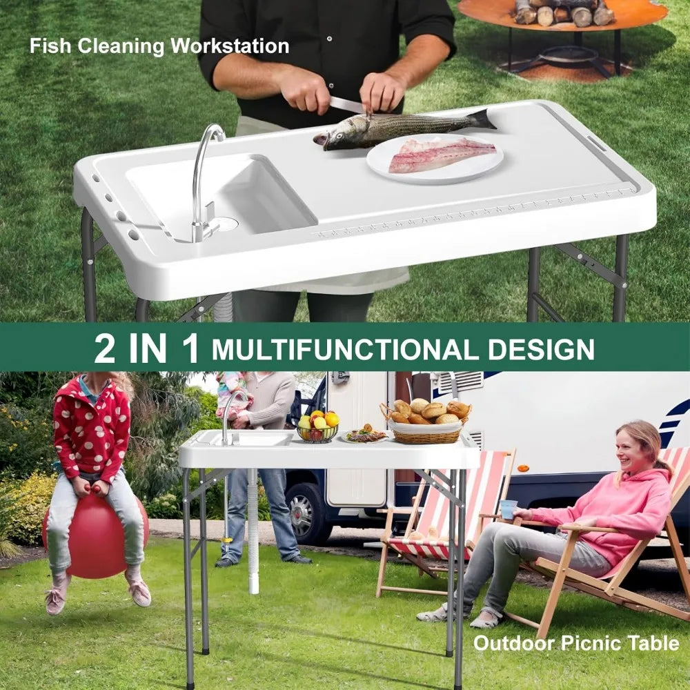 42.5" Fish Cleaning Table with Sink, Folding Camping Table & Fish Cleaning Station with Measure Mark, Camping Sink with Hose Hoo