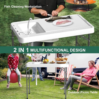 42.5" Fish Cleaning Table with Sink, Folding Camping Table & Fish Cleaning Station with Measure Mark, Camping Sink with Hose Hoo