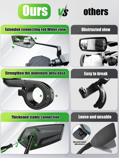 RBRL Wide Angle Bike Mirror Handlebar Ultra Clear Left Right Rearview mirror with Extended Mirror Arm for Electric Scooter