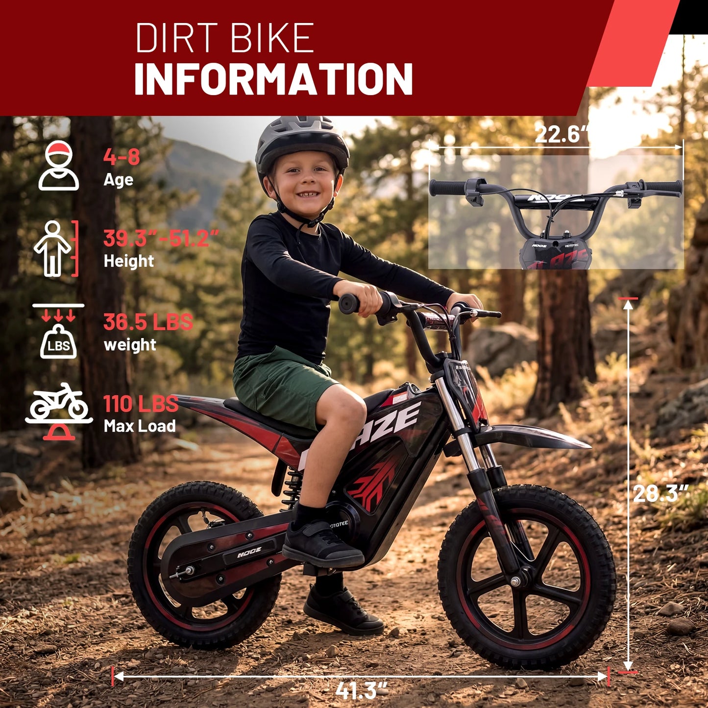 KOOZ HP01E 36V 350W Electric Dirt Bike for Kids, 2 Speed Modes, Electric Motorcycle Up to 15.5 MPH & 9.5 Miles Long-Range.
