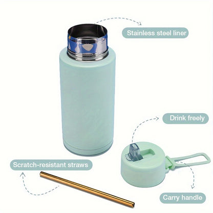 Stainless Steel Insulated Water Bottle, 35oz (1000ml) - Sports Travel Thermal Cup, Hot Cold Drink Flask with Straw Lid, Silicone