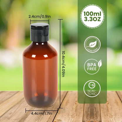 Travel Size Amber Bottles with Flip Cap 6 Pack 3.4oz Leak Proof Dispenser Containers for Toiletries Essential Oils and Shampoo