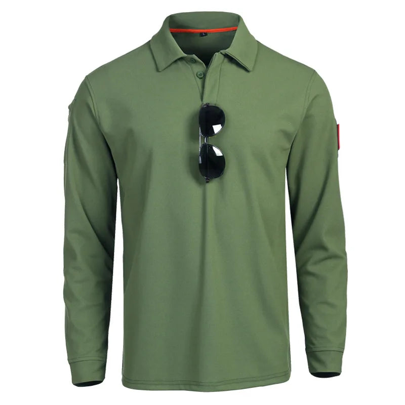 Mens Quick Dry Tactical Polo Shirt Summer Breatable Outdoor Training Top Embroidered Logo Turn-down Collar Long Sleeve Clothes