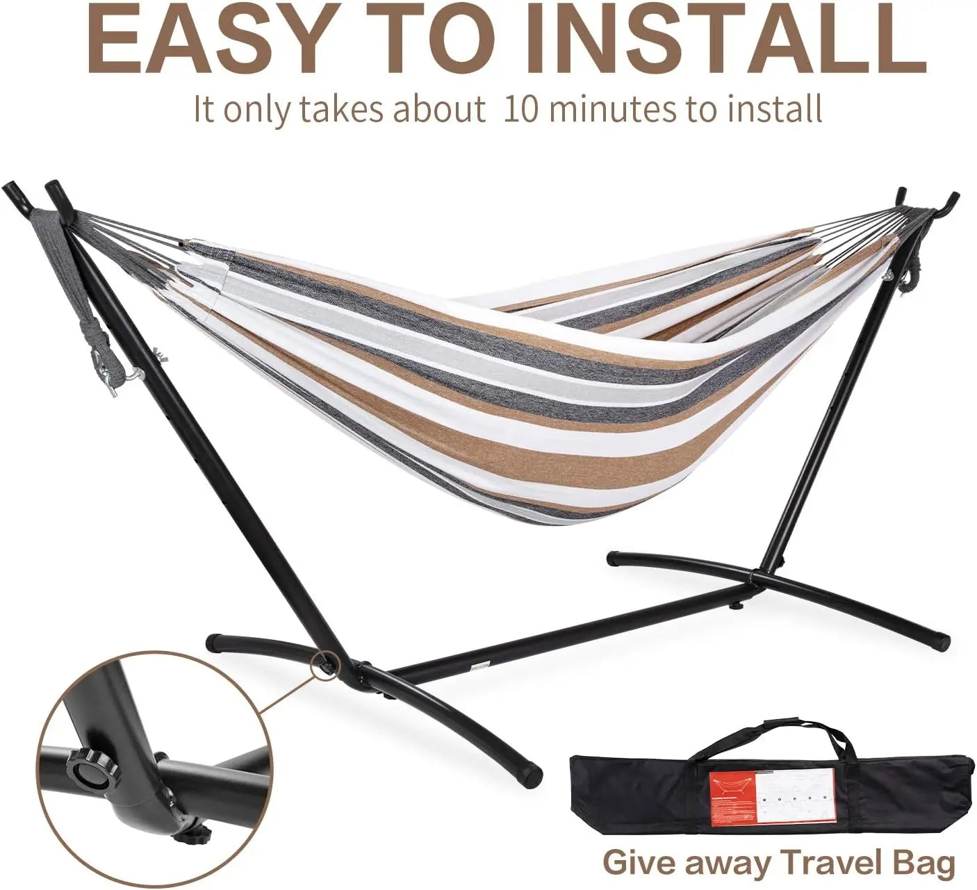 Double Hammock with Stand for Indoor Outdoor Use, Portable Steel Frame, Easy Assembly, 2 Person 450 lbs Capacity