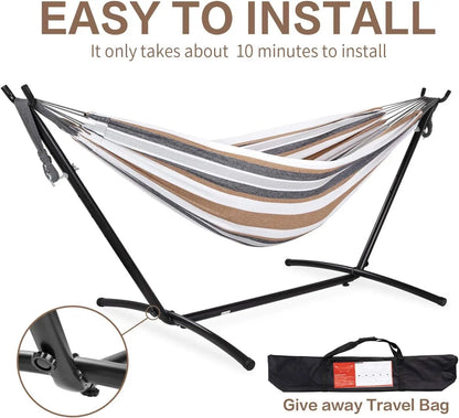 Double Hammock with Stand for Indoor Outdoor Use, Portable Steel Frame, Easy Assembly, 2 Person 450 lbs Capacity