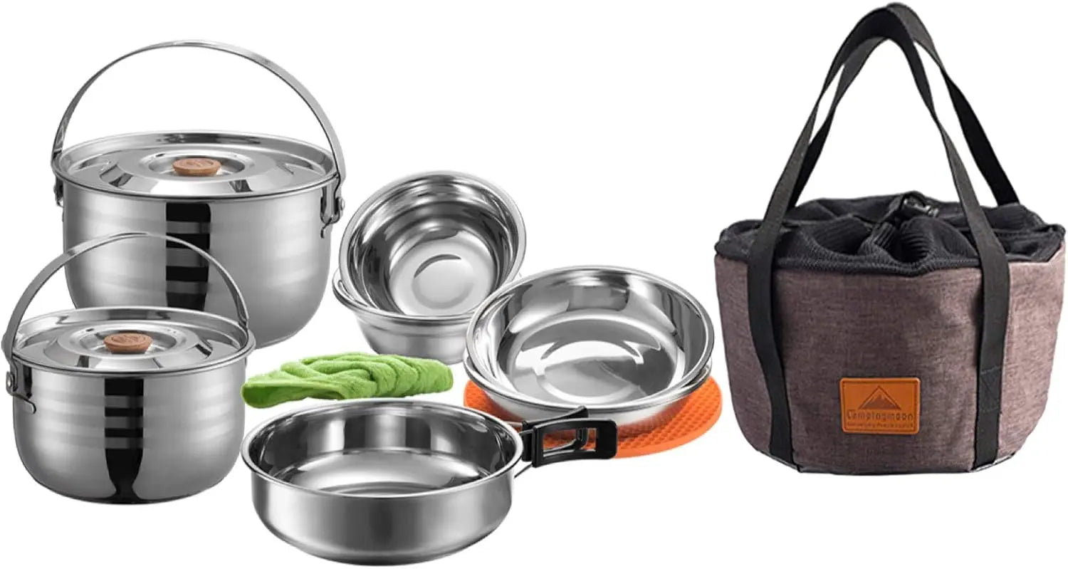 Stainless Steel Camping Cookware Set with Nesting Pots Pans Bowls and Storage Bag for Outdoor Cooking