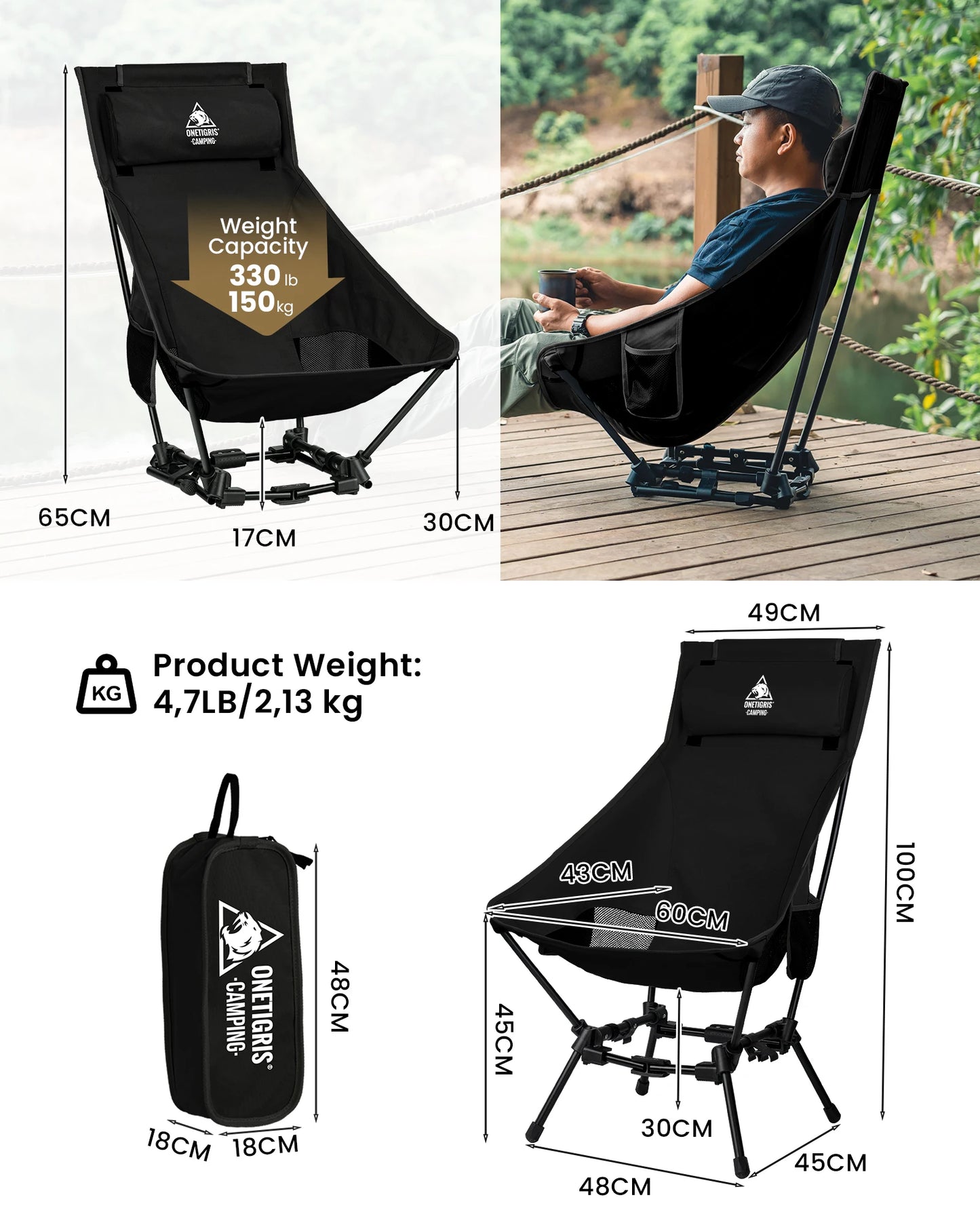 OneTigris Camping Folding Chairs Outdoor High Back Tourist Chair For Fishing Trekking BBQ Parties Gardening Beach Indoor Use