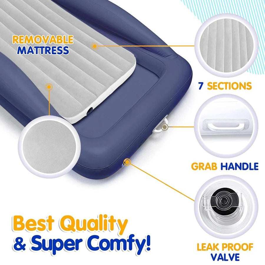 Inflatable Toddler Travel Bed Portable Kids Air Mattress Set w Safety Rail Guards for Kids amp Toddlers Includes Pump, Carry Cas