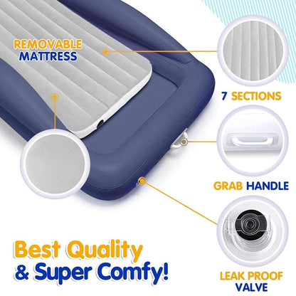 Inflatable Toddler Travel Bed Portable Kids Air Mattress Set w Safety Rail Guards for Kids amp Toddlers Includes Pump, Carry Cas