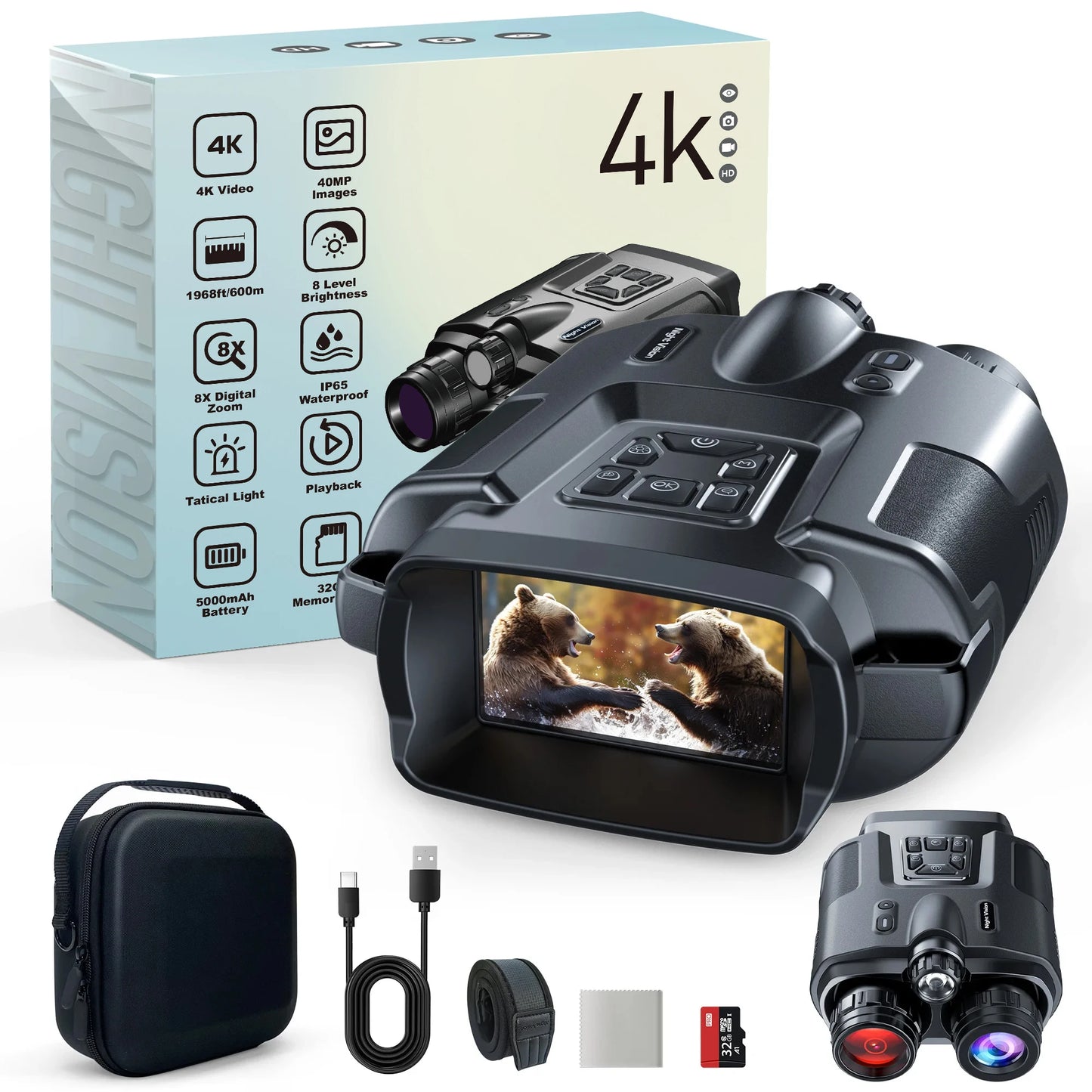 Night Vision Binoculars 4K Infrared 5000mAH Rechargeable 8X Digital Zoom 600 Meters Darkness Goggles for Hunting & Surveillance