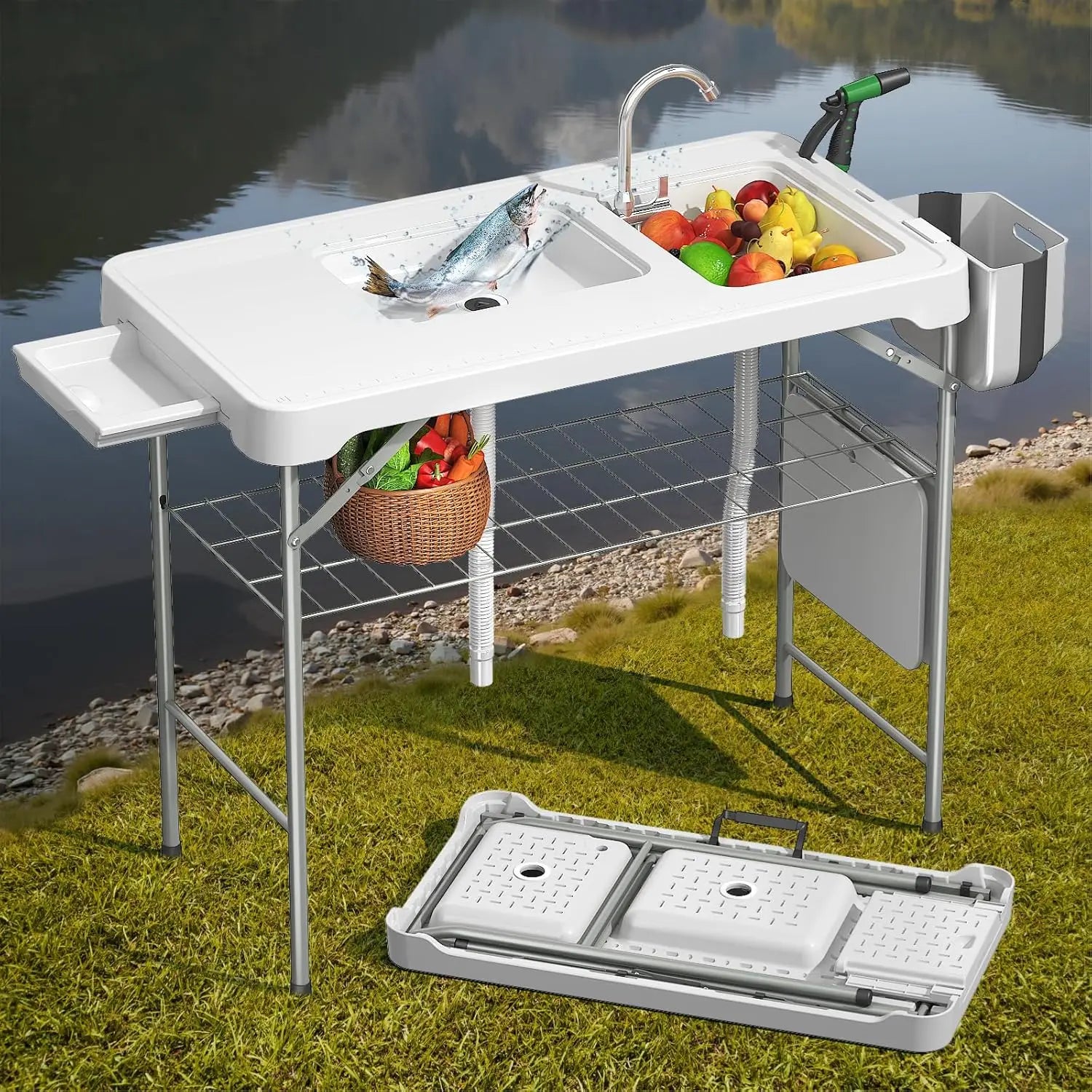 Portable Folding Fish Cleaning Table with Dual Sinks, Faucet, and Storage for Outdoor Camping and Picnics