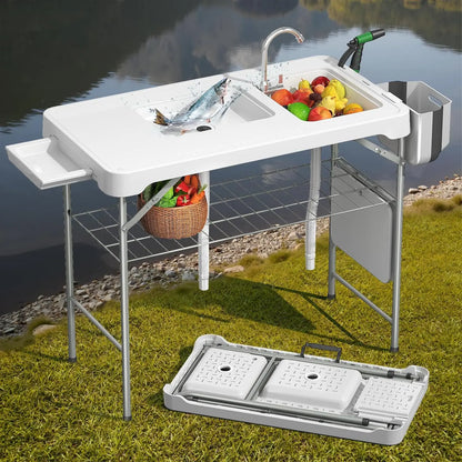 Portable Folding Fish Cleaning Table with Dual Sinks, Faucet, and Storage for Outdoor Camping and Picnics