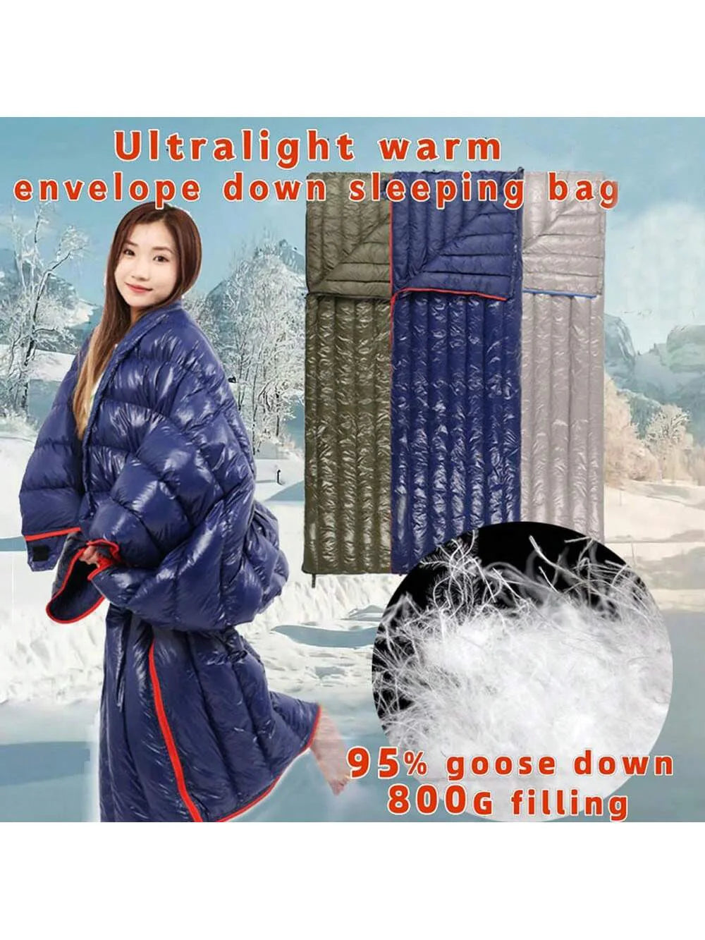Outdoor camping, down sleeping bag, Ultralight and warm, 95% white goose down 800g filling, envelope type, adult sleeping bag