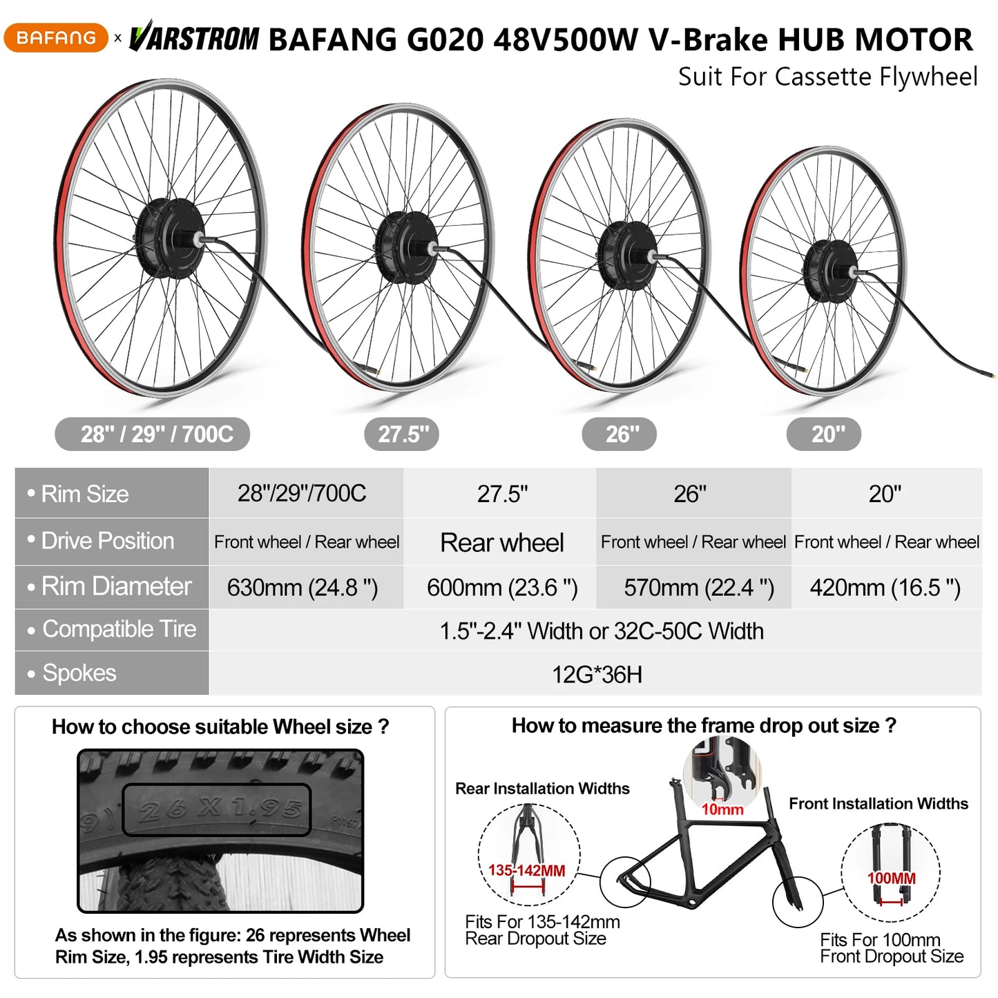 [US Direct ] Bafang 48V 500W 750w Wheel Hub Motor V-Brake Front & Rear Drive Electric Bicycle Conversion Kits 8fun eBike Engine