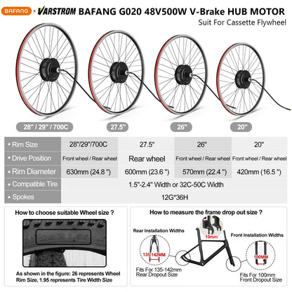 [US Direct ] Bafang 48V 500W 750w Wheel Hub Motor V-Brake Front & Rear Drive Electric Bicycle Conversion Kits 8fun eBike Engine