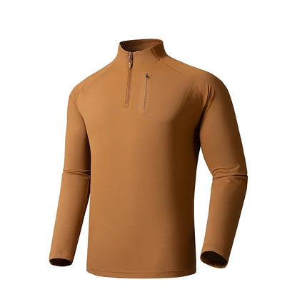 Quick-drying Gym Polo Shirts Men Summer Stand Collar Stretch Long Sleeves Outdoor Lightweight Zipper Pockets Sports Shirts