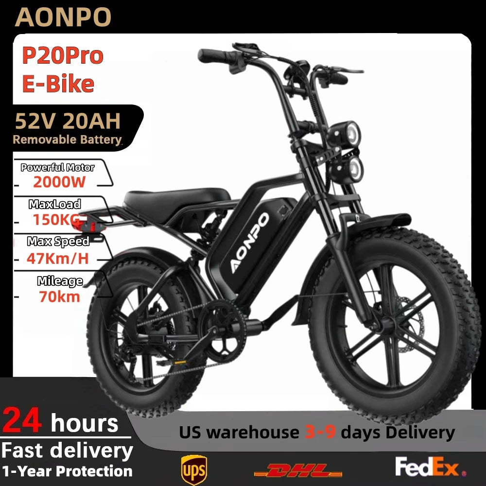 AONPO P20 Electric Bicycle 2000W Powerful motor 52V20AH lithium battery Mountain adult Electric Bike 20 Inch Fat Tire E-bike