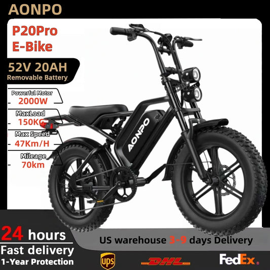 AONPO P20 Electric Bicycle 2000W Powerful motor 52V20AH lithium battery Mountain adult Electric Bike 20 Inch Fat Tire E-bike