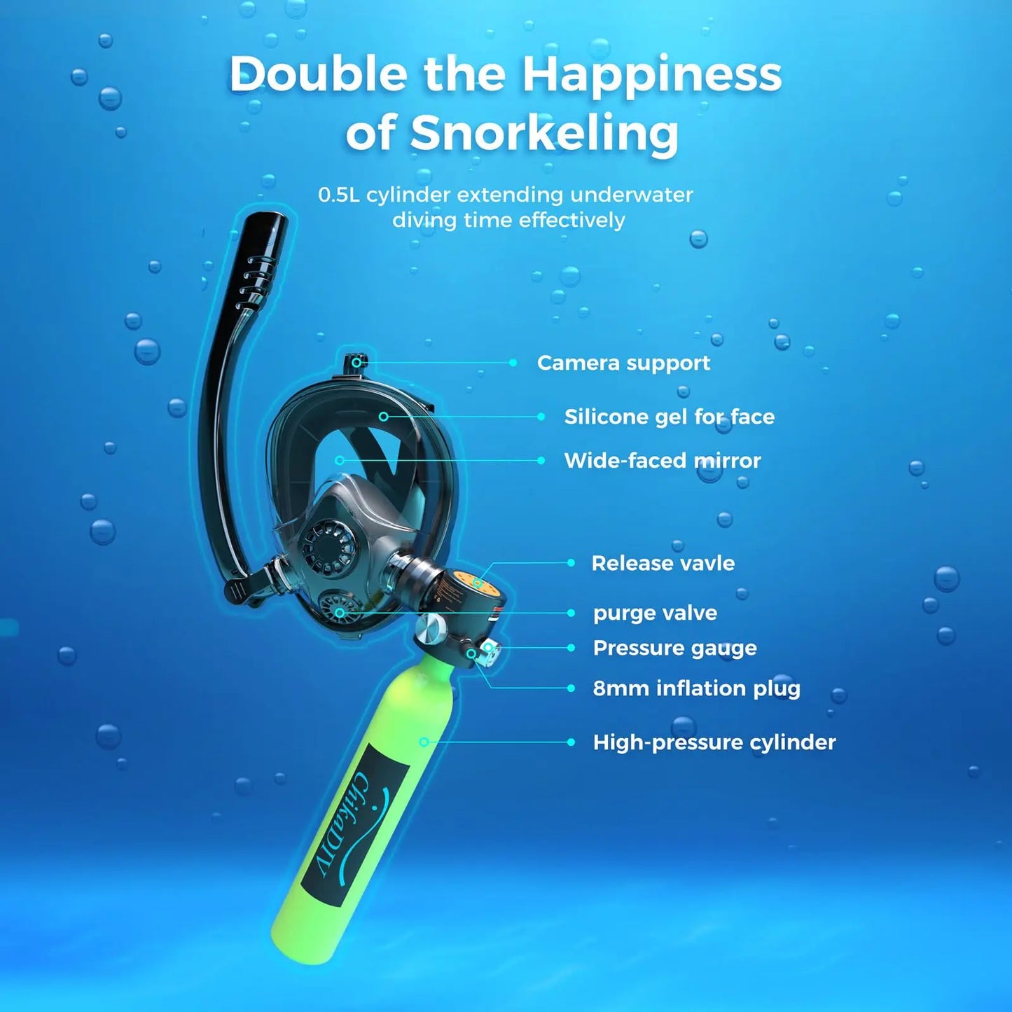 Mini Scuba Tank with Full Face Mask,0.5L Lung Tank Sub Mask Combo -6-10 Mins Underwater Breathing System, Portable Scuba Gear