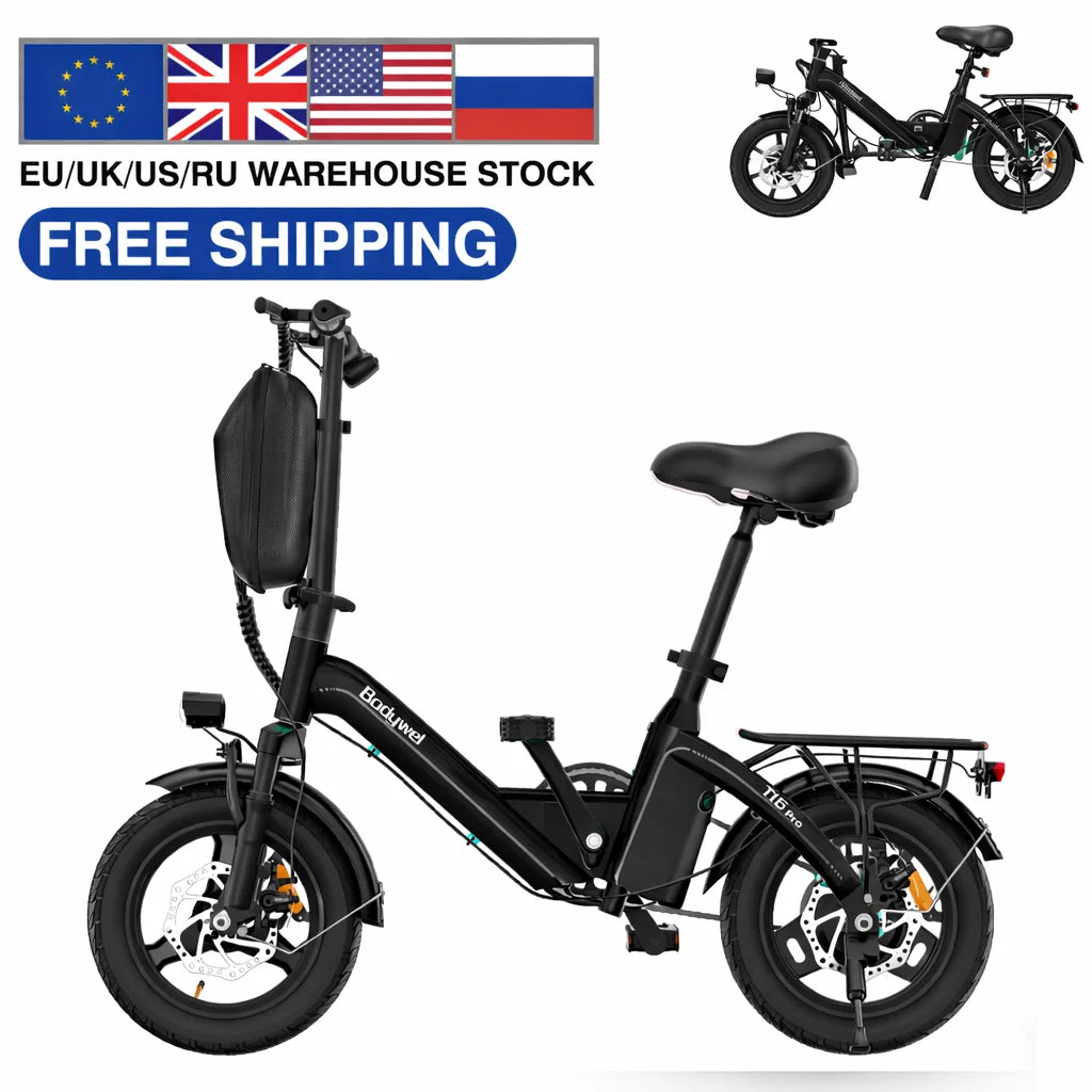 14" Foldable Electric bicycle for Adult, Peak 500W Motor with 36V 10.4Ah Removable Battery EBike Dual Disc Brake Bodywel T16pro