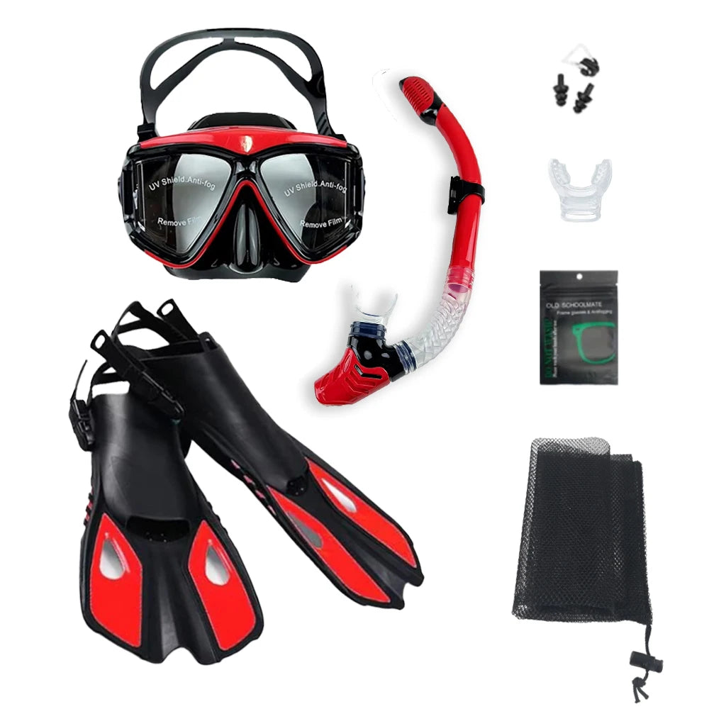 Mask Fins Snorkel Set, Snorkeling Gear for Adults, Panoramic View Snorkel Mask Anti-Fog, Adjustable Dive Flippers, Dry Top Snork